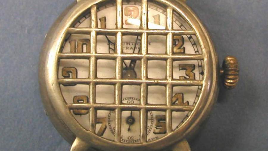Trench-style wristwatch with grille cover